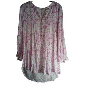 Grand & Greene Top Womens Size L Pink Pattern Button Up V Neck Popover